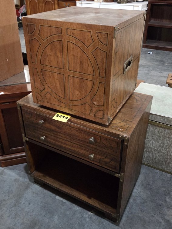 1970's Mid- Century Drexel Accolade Campaign Style Nightstand and Spinning Table