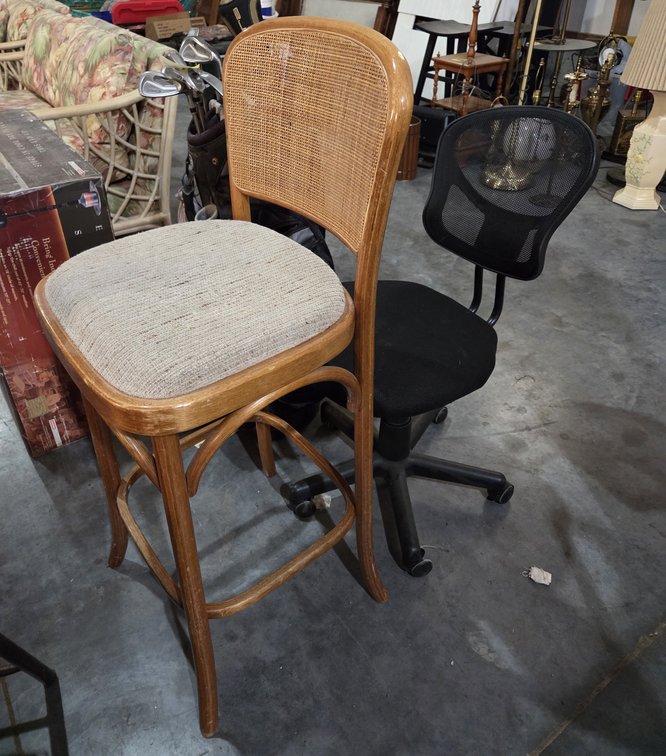 2 Canvas Covered Folding Metal Chairs W/ Caned Back Bar Stool