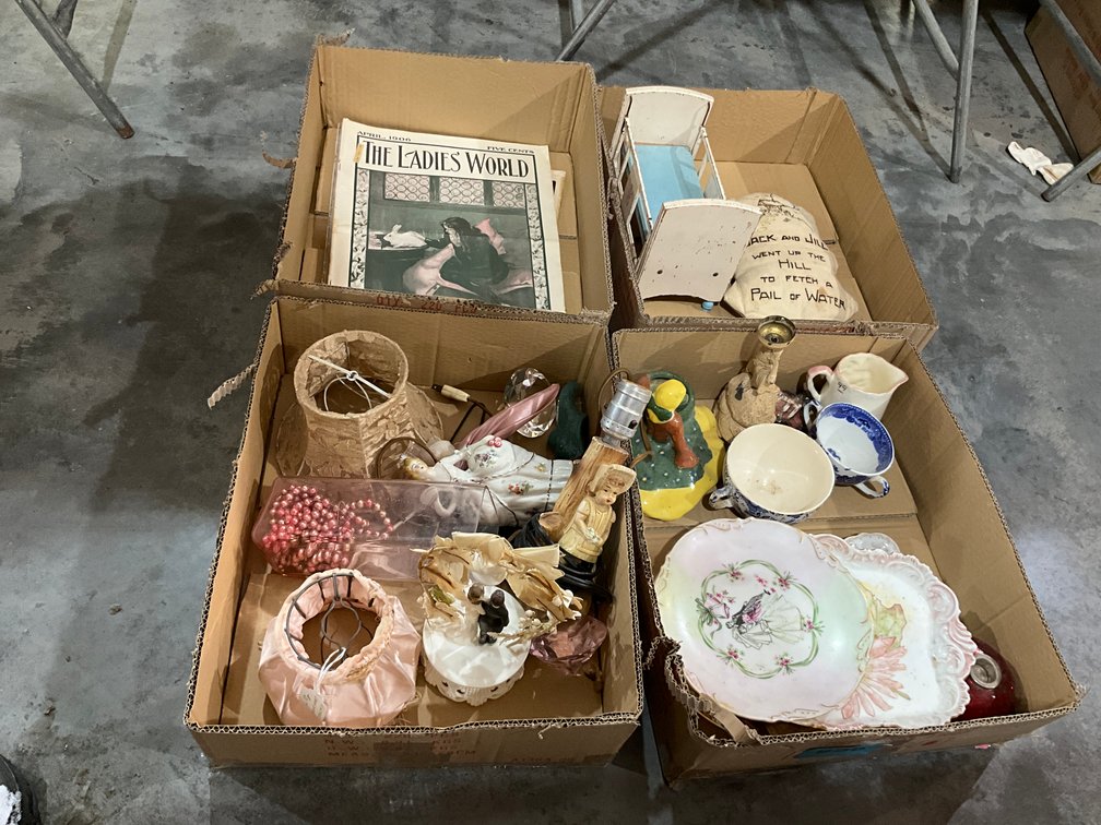 4 Boxes and Contents, Small Lamps, Doll Bed, Home Décor