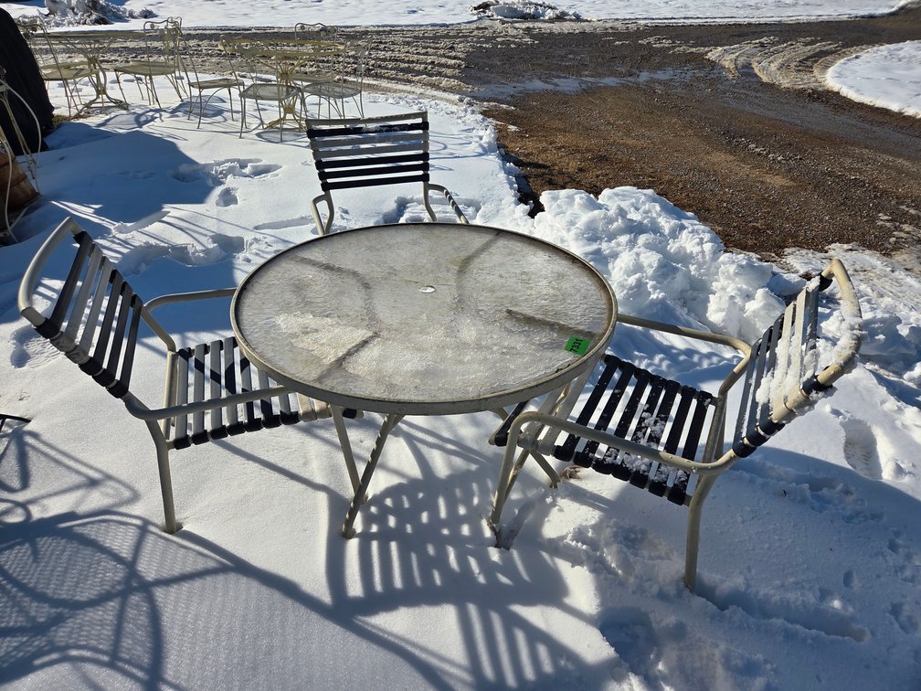 Table& 3 Blue & White Chairs