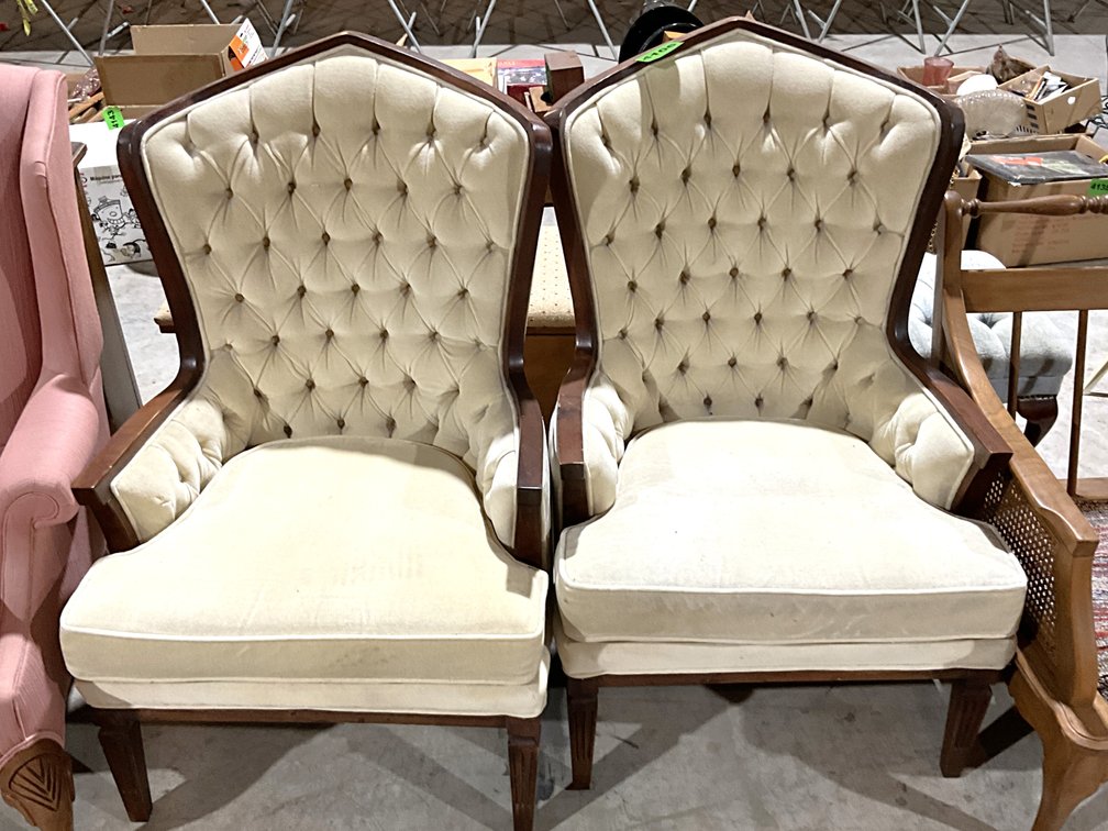 Tufted Wingback Armchairs w/ Dark Wood Frame