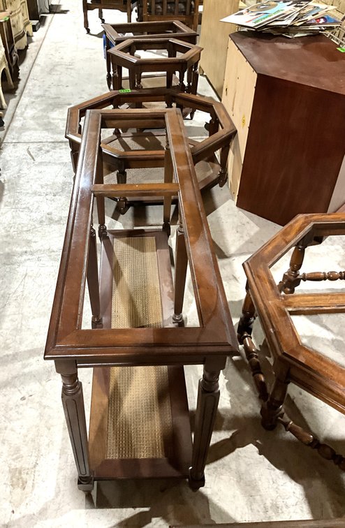 4 Pc Mid Century Modern Tables w/ Woven Cane Shelf