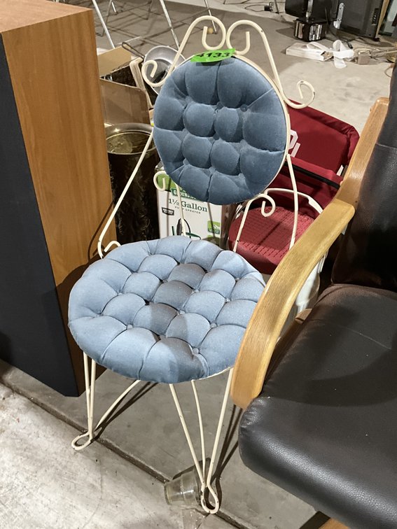 Vintage Mid-Century Hollywood Regency Style Metal Vanity Chair w/ Tufted Blue Velvet Cushion