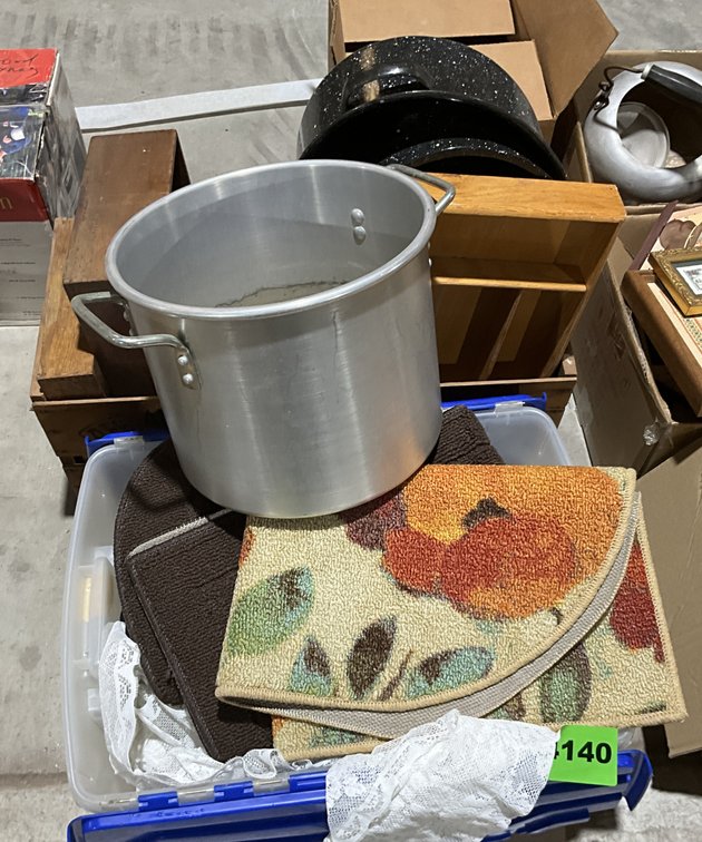 Tub w/ Placemats, Wooden Crate, Shadow Boxes, Metal Baking Pot, Books, Large Stock Pot