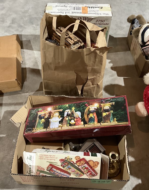 2 Boxes-Earthway Seeder/Spreader, Lightbulbs, Peace Nativity Set