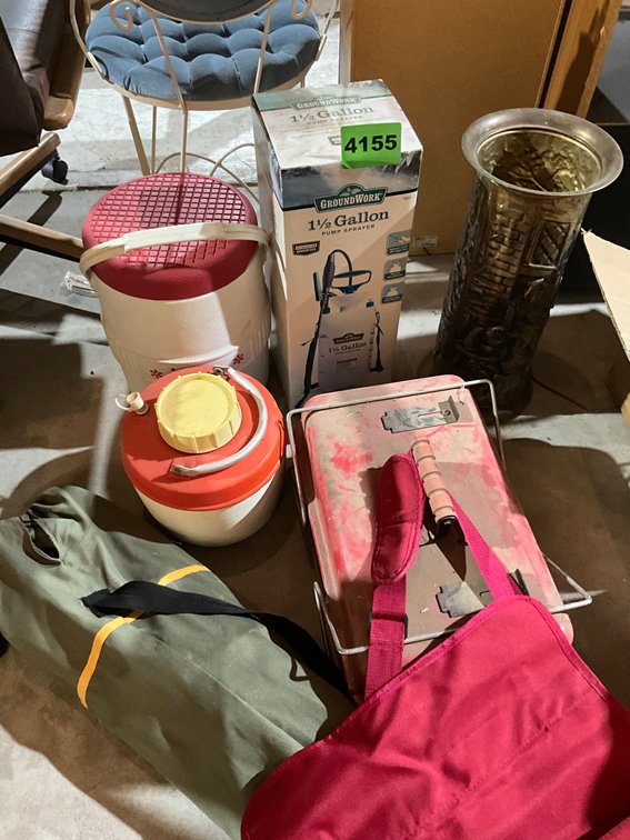 Folding Chair w/ Cover, Small Charcoaler, Water Jugs, OU Bleacher Seat
