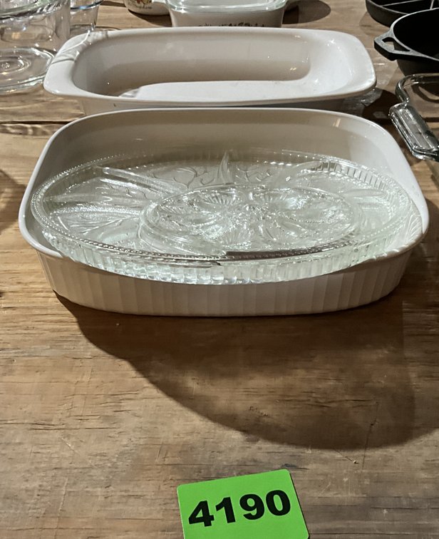 2 Corningware Baking Dishes, Vintage Indiana Glass Deviled Egg & Relish Serving Tray