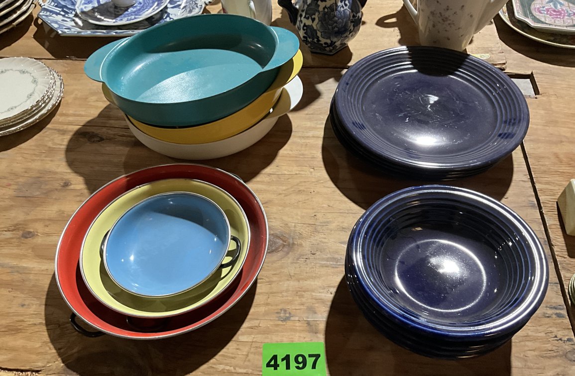 14 Pcs Vintage Blue Bowls & Plates, Mad Hungry Metal Serving Dishes