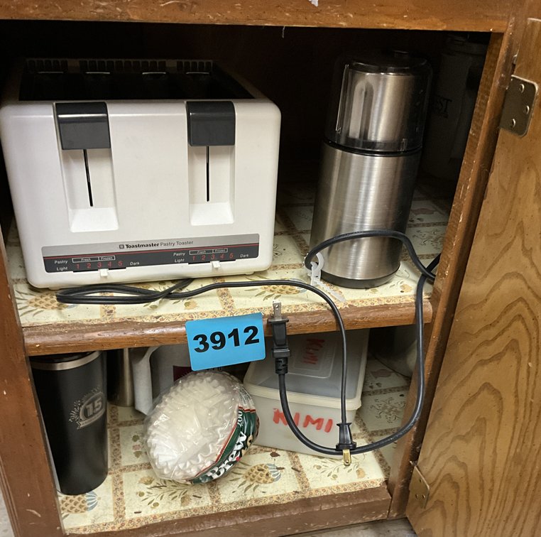 2 Cabinets, Toaster, Coffee Mugs, Baking Pans