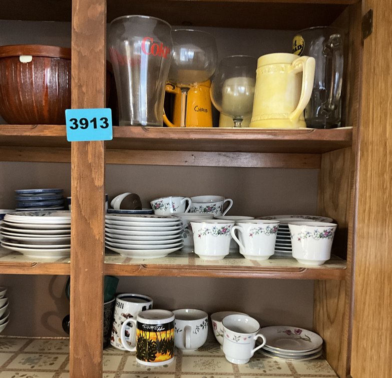 4 Cabinets Assorted Bowls, Blender, Mixer, Mugs