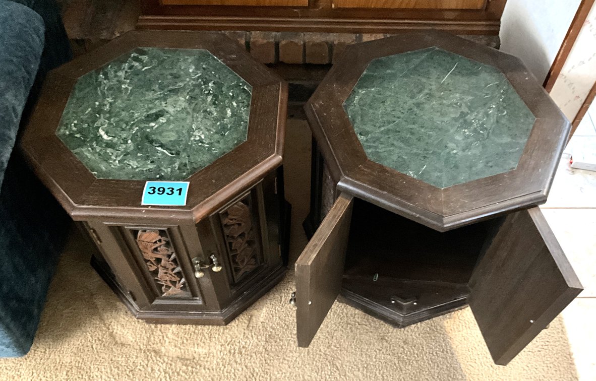2 Wood End Tables W/ Marble Inlay