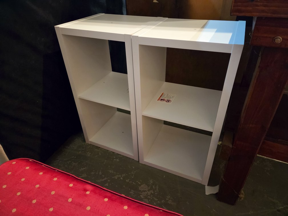 2 White Cube Shelves & Red Ottoman