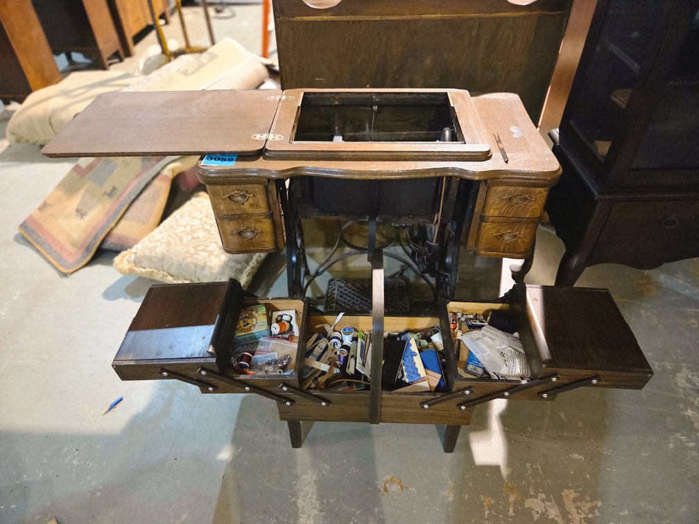 Vintage Oak Treadle Sewing Machine Cabinet With New Home Sewing Machine & Vintage Accordion Style Sewing Box