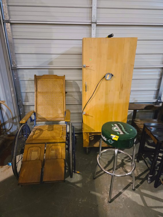 Custom Smoker Cabinet, Shop Stool, Misc Vintage Chairs, Vintage Wooden Wheel Chair