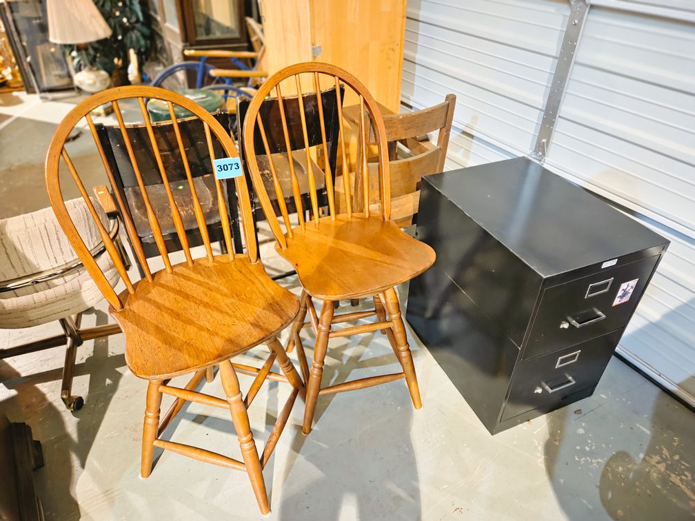 2 Oak Swivel Bar Stools and 2 Drawer Metal Filing Cabinet