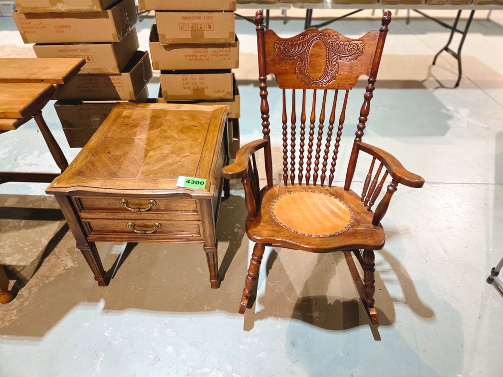Walnut Side Table & Vintage Oak Rocking Chair