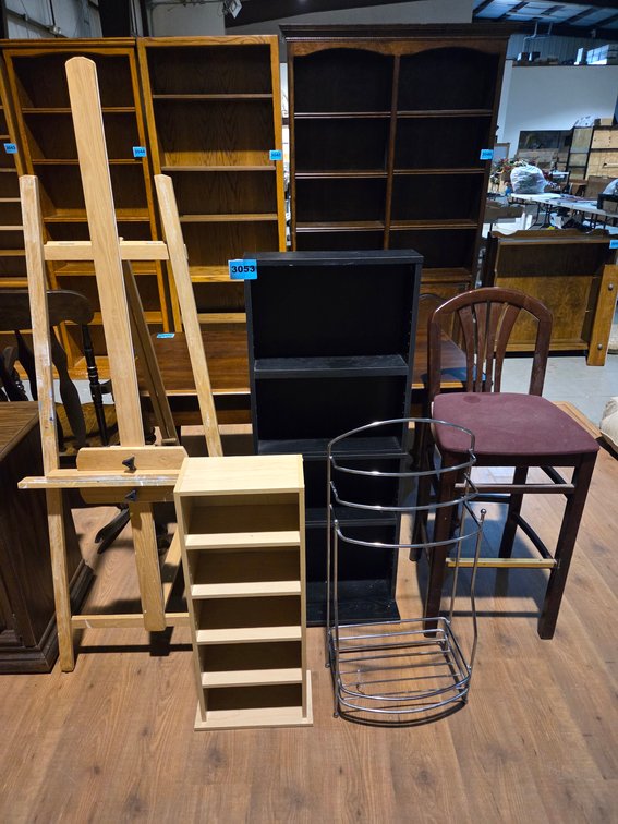 Easel, 2 Small Book/CD/DVD Shelves, Towel Rack, Bar Stool