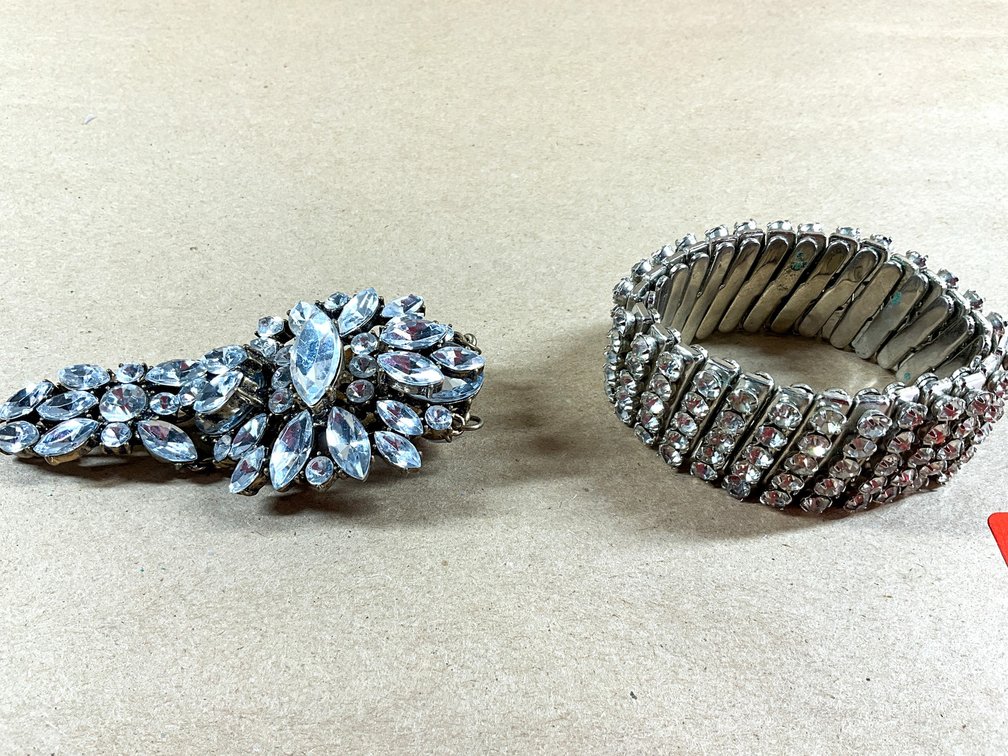 One Vintage-Style Booch And One Rhinestone Stretch Bracelet