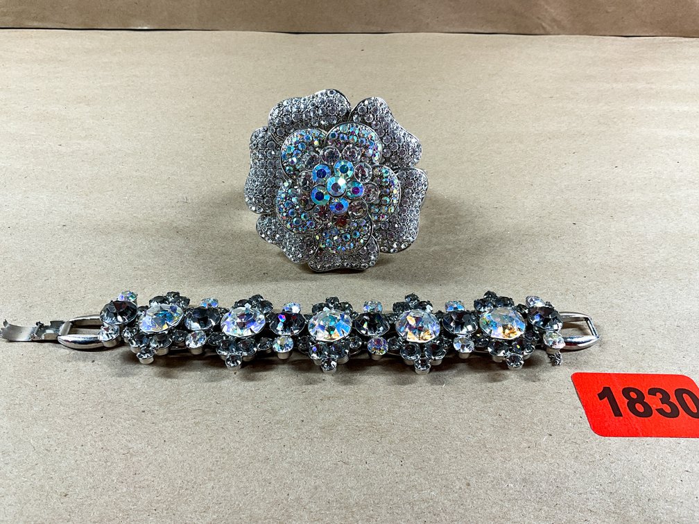 One Rhinestone Floral Cuff, And One Rhinestone Crystal Bracelet