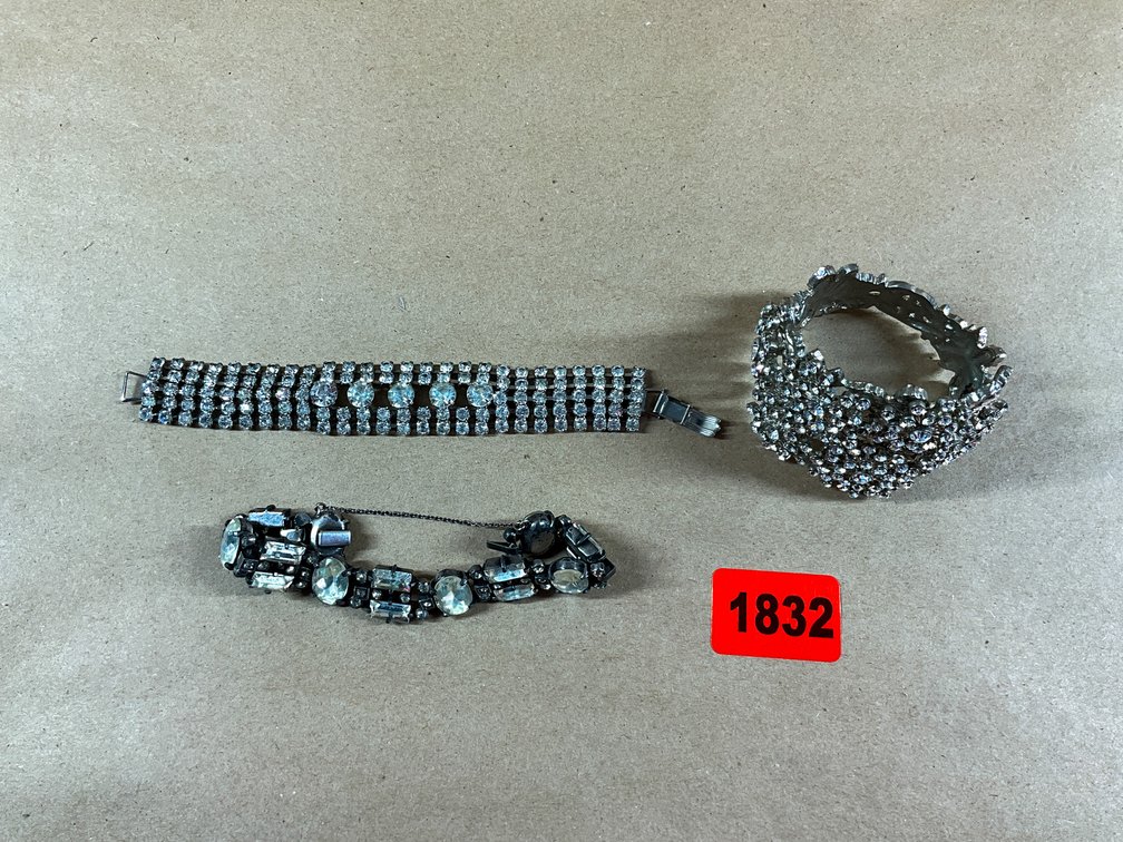 Two Vintage-Style Bracelets, And One Floral Rhinestone Cuff
