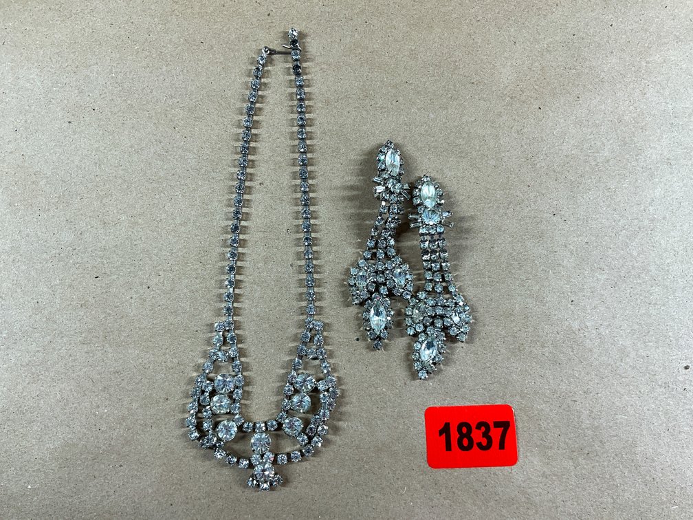 One Vintage-Style Rhinestone Necklace, And One Pair Of Rhinestone Chandelier Clip-On Earrings