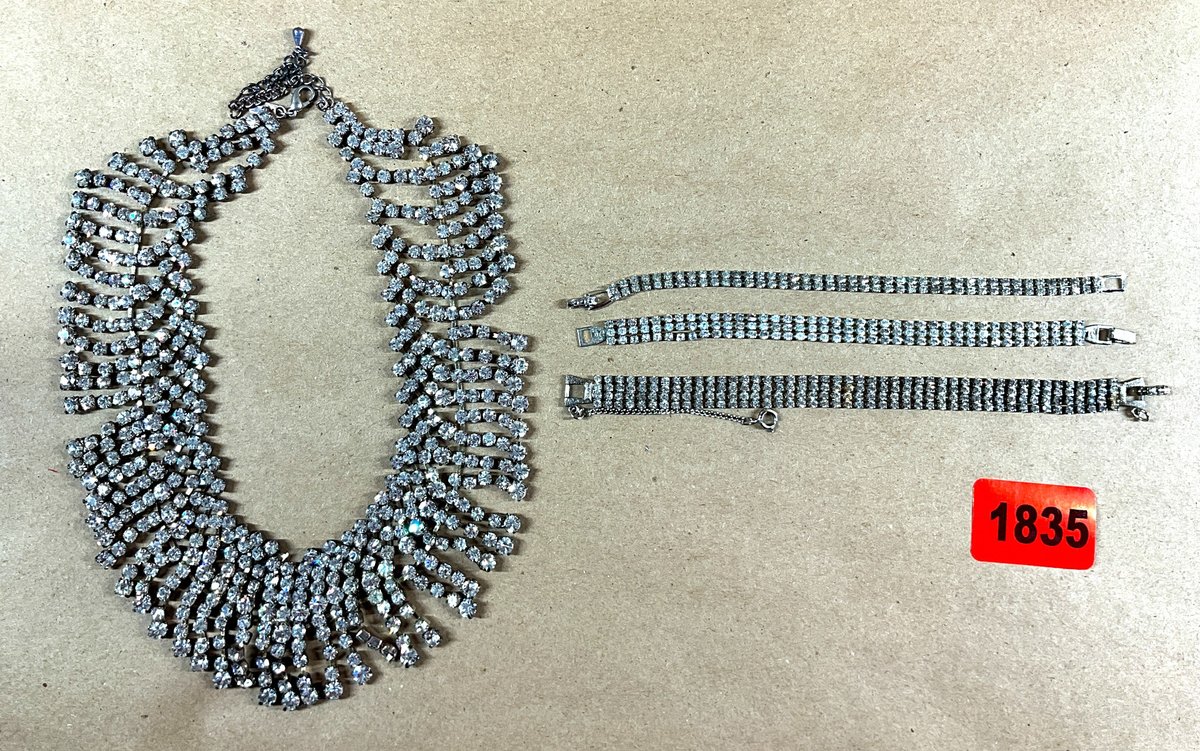 One Vintage-Style Rhinestone Choker Necklace, And Three Rhinestone Bracelets