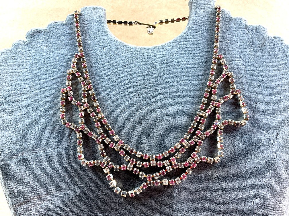 Pink and Clear Rhinestone Vintage-Style Bib Necklace