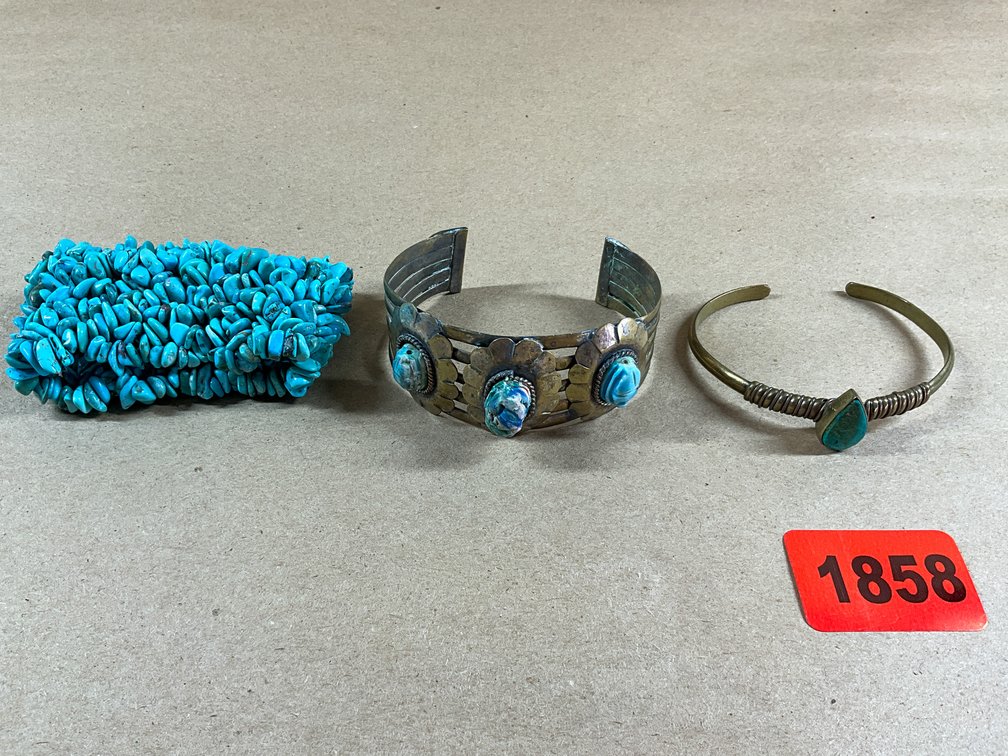 Two Bronze Stone Cuffs, And One Turquoise Stretch Bracelet
