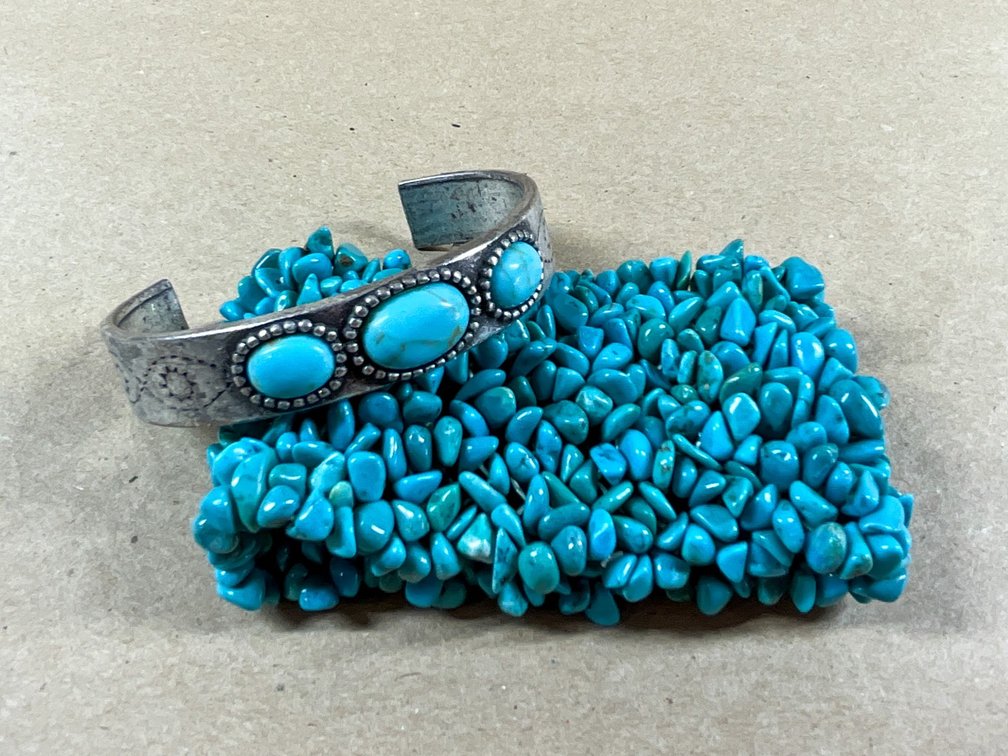 One Turquoise Chip Bead Stretch Bracelet, And One Faux Turquoise Cuff
