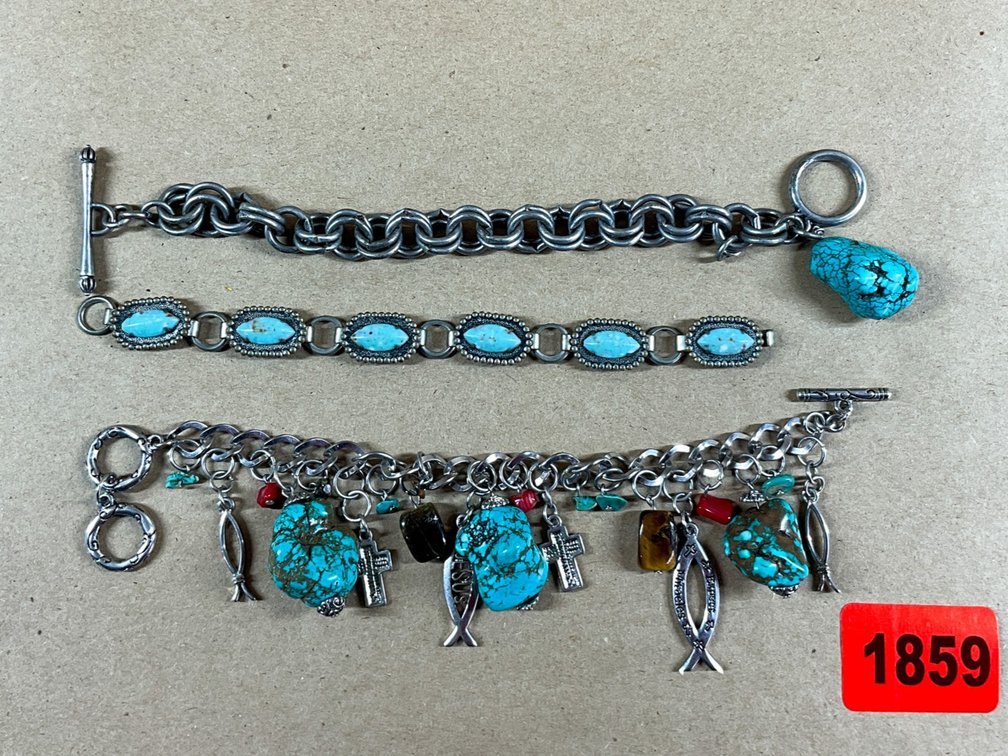 Three Silver Platted Faux Turquoise Bracelets