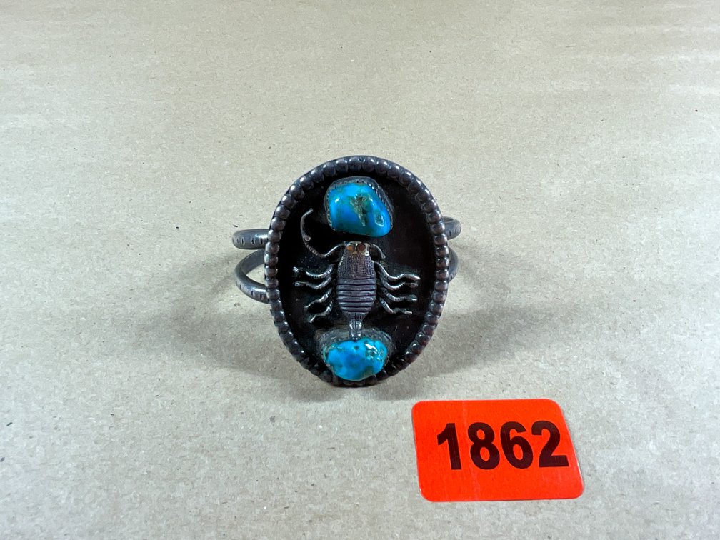 Vintage Navajo Sterling Silver Scorpion Turquoise Stone Cuff