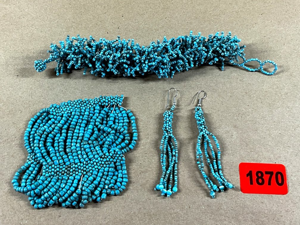 Two Turquoise Colored Seed Beaded Bracelets and Matching Earrings