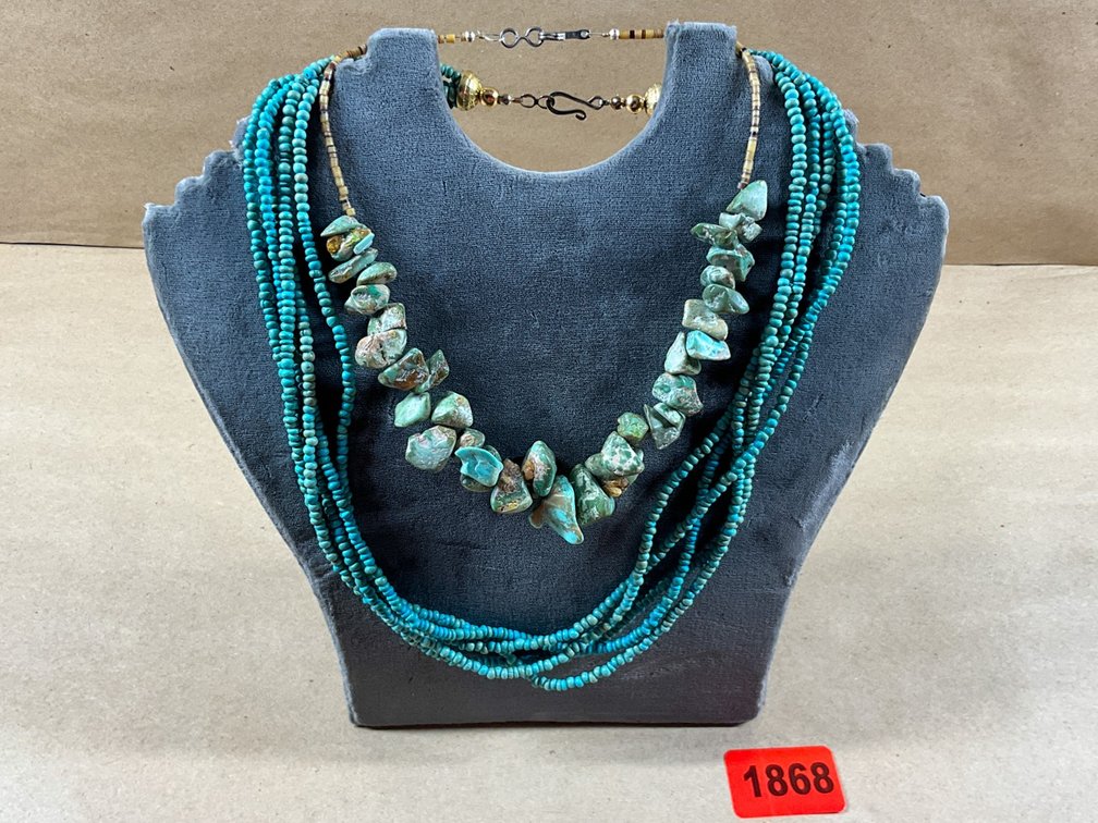 Natural Turquoise Nugget And Heishi Bead Necklace, And One Faux Turquoise Multi-Bead Necklace