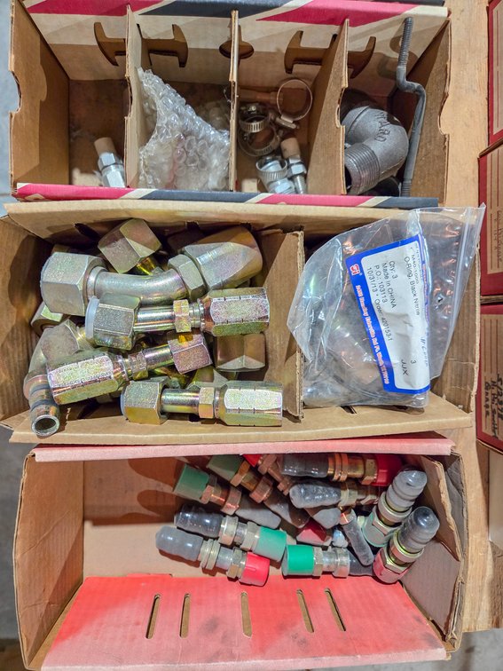 11 Boxes of Asstd Fittings R-134 90 Deg High Side Fittings Brass, Brass Hand Shut Off Valves, Etc