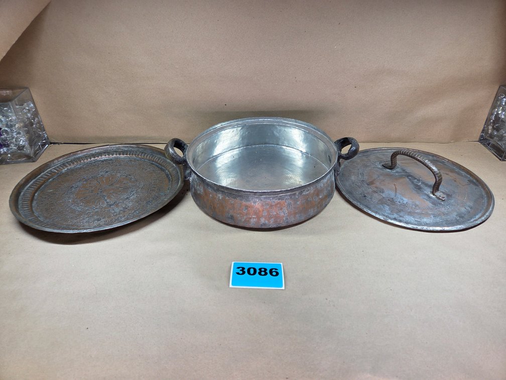 Vintage Hand Wrought Copper-Tinned Pan, Middle Eastern Hand Crafted Copper Tray, Egyptian/Turkish Hammered Copper Pitcher