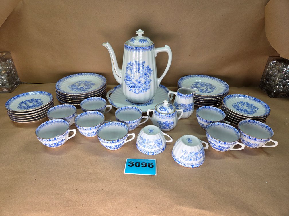 Bavarian China Blau Tea Set With Gold Rims, 11 Cups, 12 Large Plates, 12 Small Plates