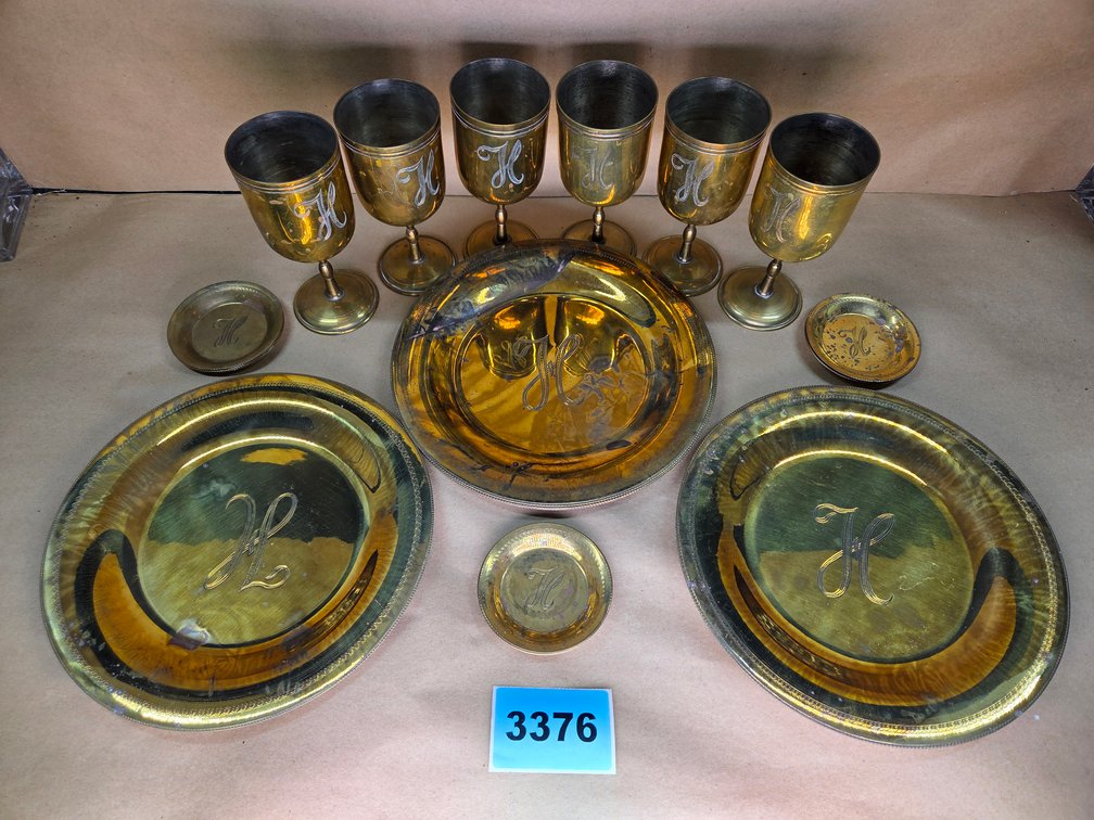 Brass Goblets & Plates With An "H" Monogram Believed To Be From India