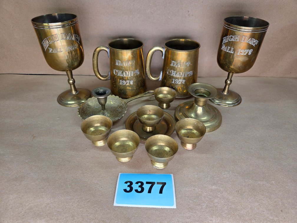 Brass Goblet and Mugs, Candlestick Holder & Brass Cups