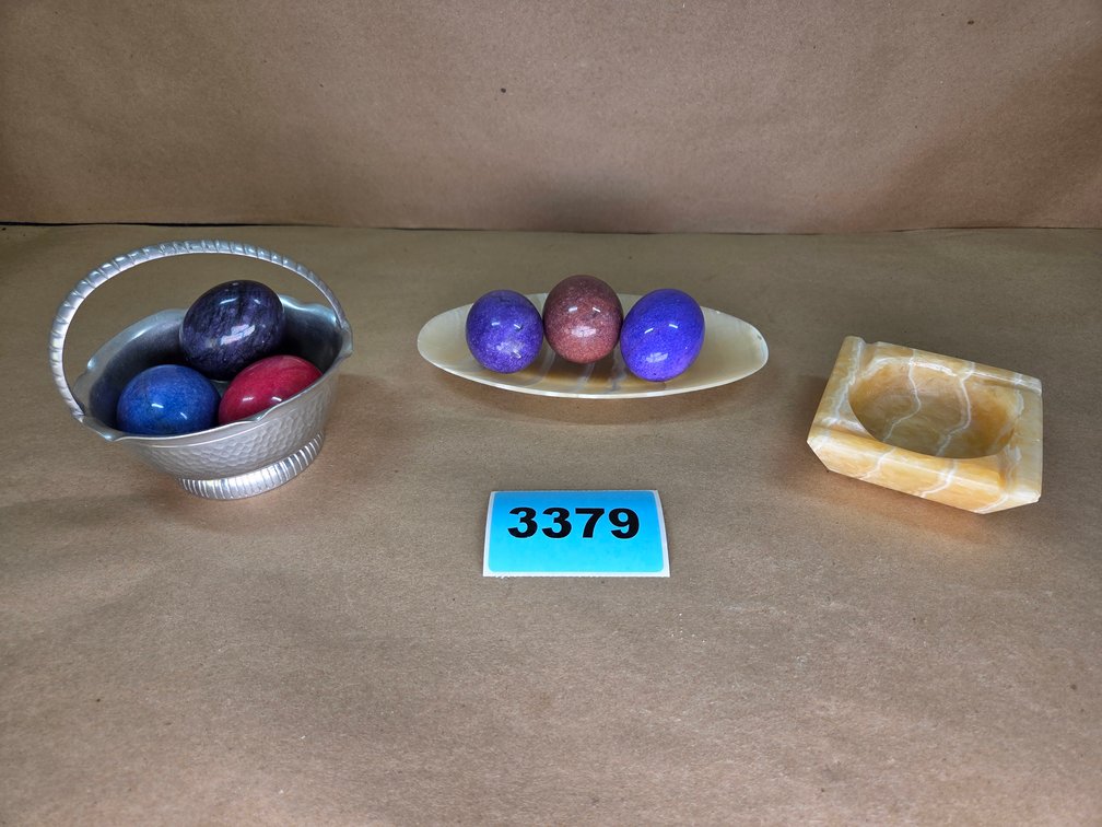 Polished Stone Eggs, Indonesian Pewter Bowl, Gauri Kohli Marigold Onyx Bowl