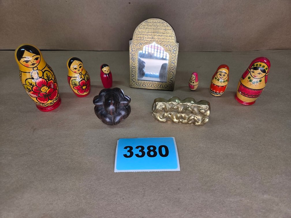 Russian Matryoshkas/Nesting Dolls Hand-Carved Wood Orang Malu, Persian Mirror, & Brass Monkey Statue