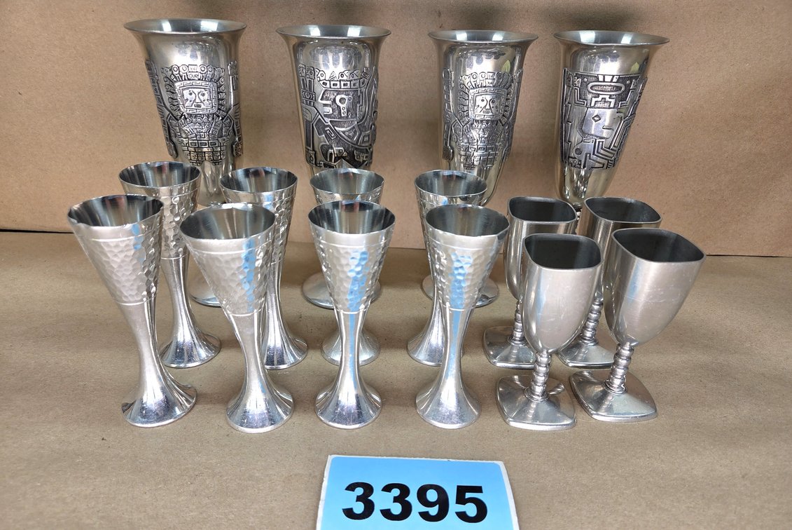 8 Indonesian Mini Chalice/Goblets 4 Small Pewter Shot glasses, 4 Bolivian Goblets