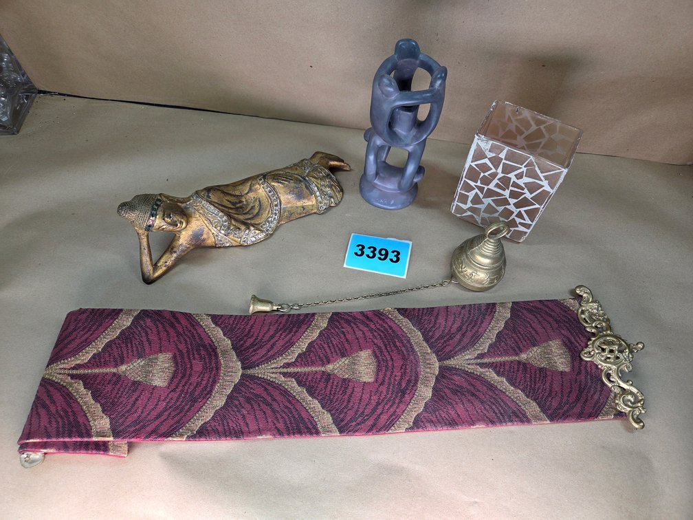 Hand Carved "Circle Of Love" Sculpture, Reclining Buddha, Brass Bell, Kuavet Art Nouveau Style Tulip Chenille Tapestry