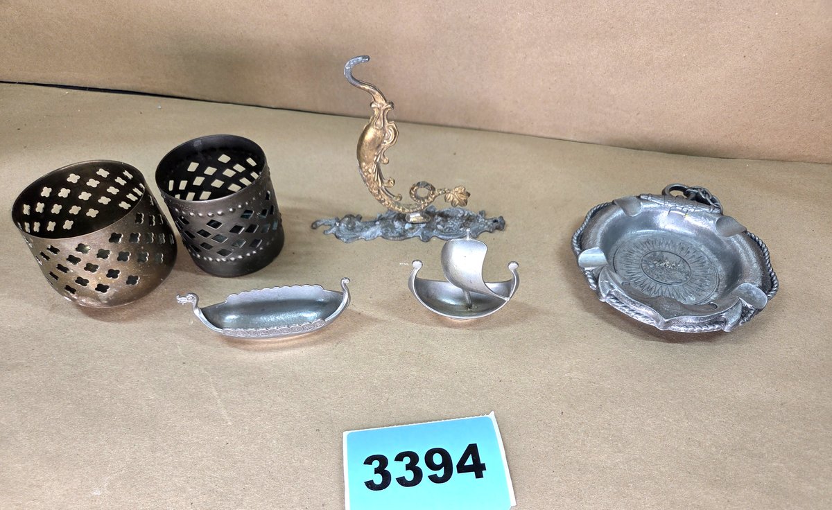 Collectible Ashtray, Brass Foreign Wall Hook, Pewter Ships, 2 Brass Candle Holders