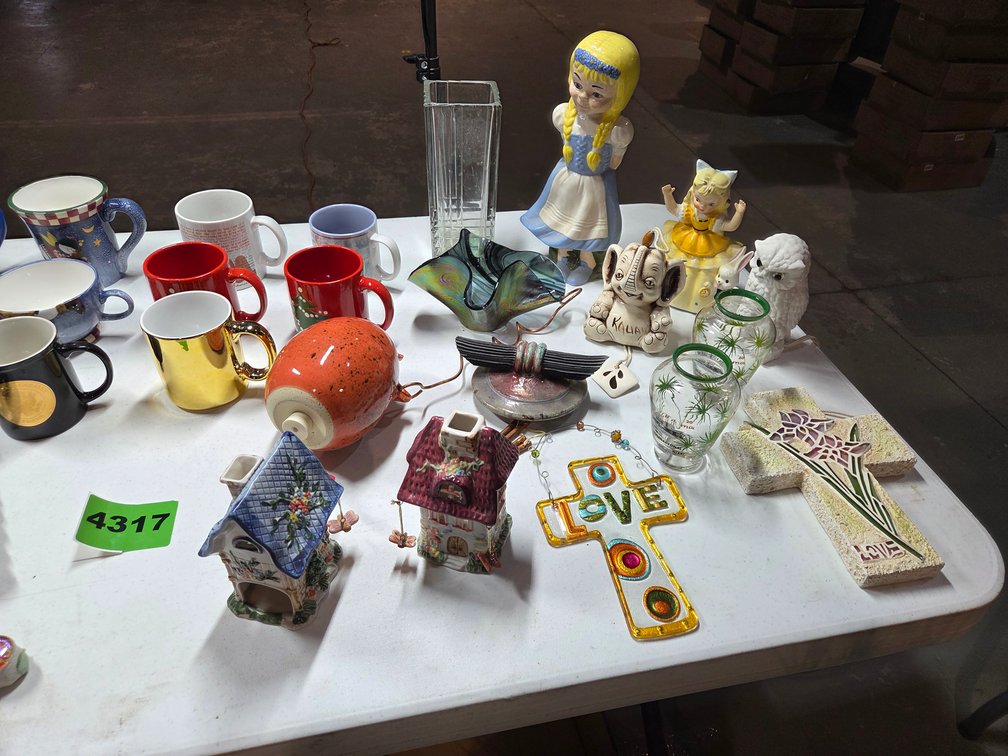 Religious Decor, Ceramic Figurines, and Assorted Kitchenware