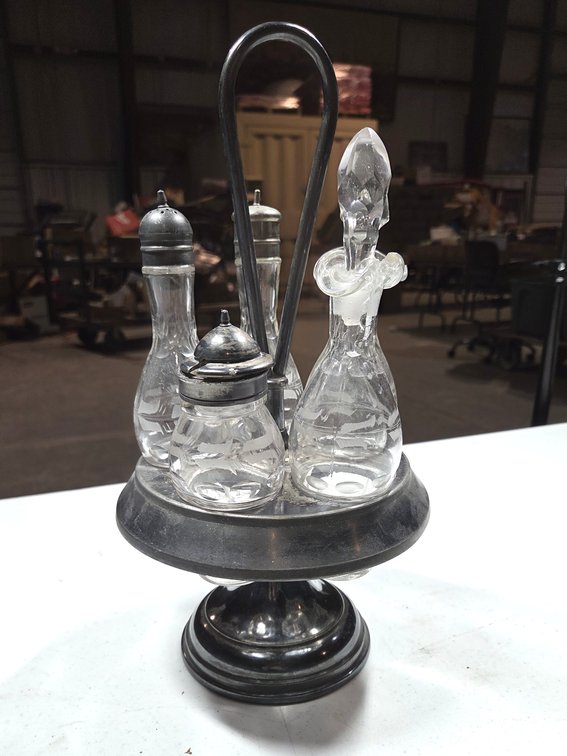 Antique Silver-Plate and Etched Glass 4-Piece Cruet Set with Rotating Stand