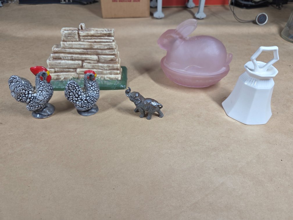 Six Assorted Figurines, Bell, Pink Glass Rabbit Covered Dish Etc