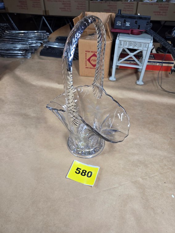 Clear Glass Basket 14" Tall Etched Flowers