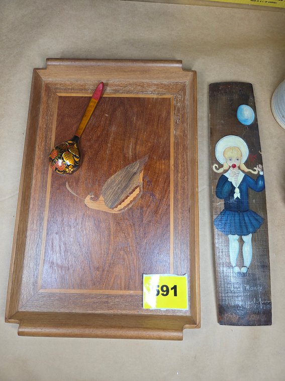 One Wood Serving Tray With Inland Bird Wood Spoon & Carved Barrel Slat