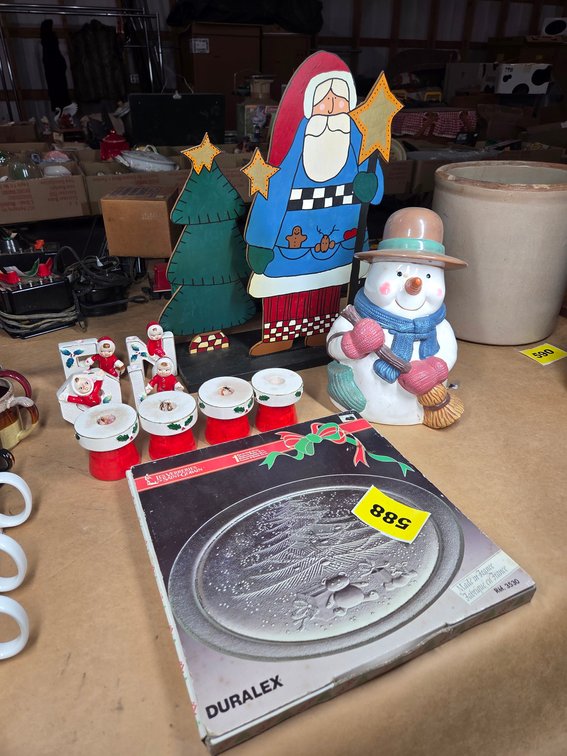 Christmas Decor Snowman Cookie Jar Candle Stick Holders & A Duralex Glass Platter Also Santa Beside Tree