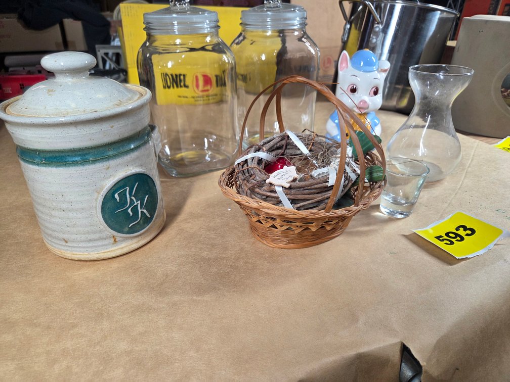Misc Lot Jars, Piggy Bank, Basket w/ Veggies